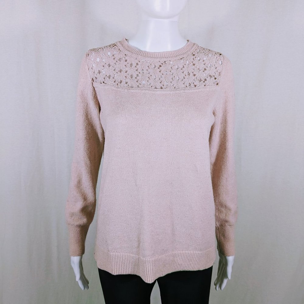 Loft Dusty Rose/Light Pink Sweater Size Medium w/Floral Lace - Picture 1 of 5